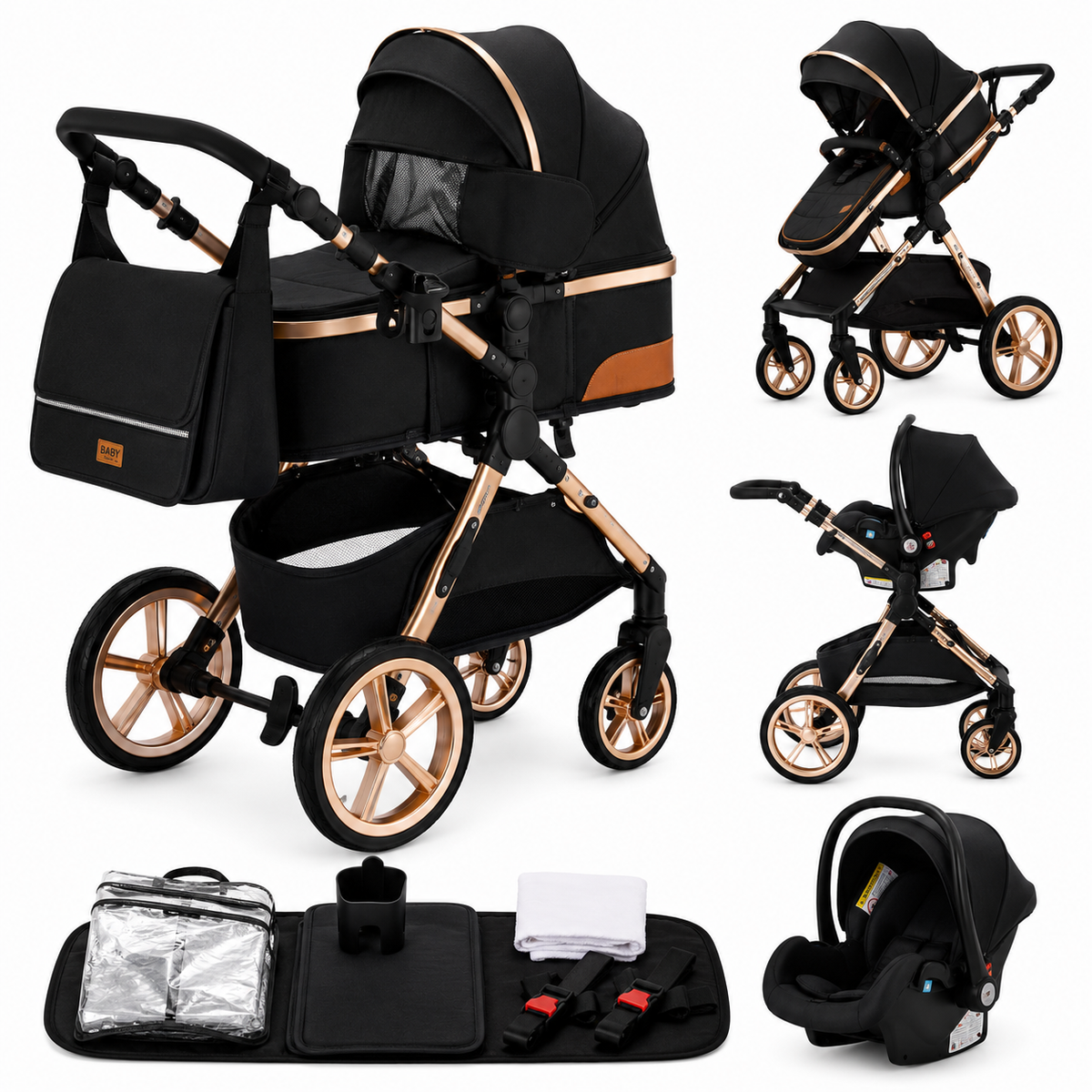 Poussette Bébé 3-en-1 Pliable avec Structure en Aluminium