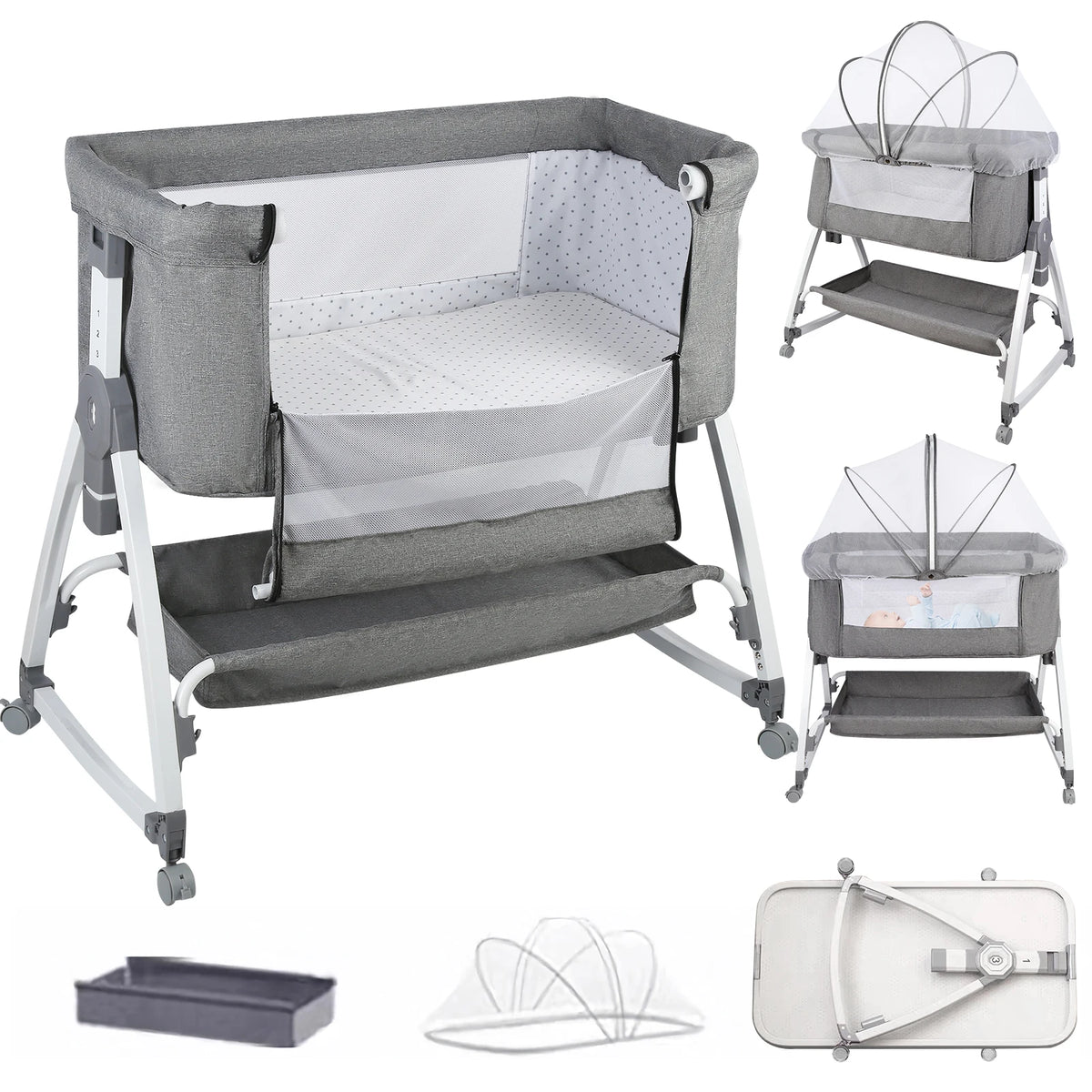 Lit Cododo Bébé 2-en-1 Réglable sur 6 Hauteurs avec Roulettes