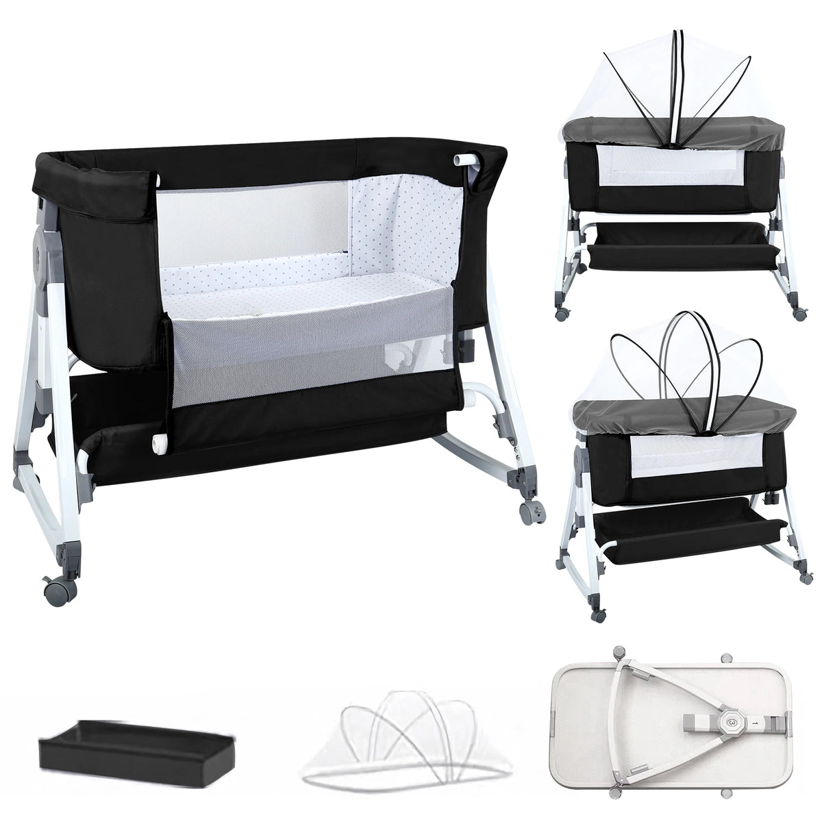 Lit Cododo Bébé 2-en-1 Réglable sur 6 Hauteurs avec Roulettes