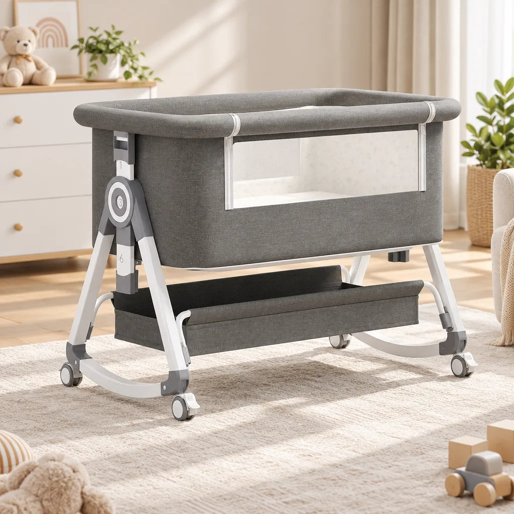 Lit Bébé 3-en-1 Réglable avec Matelas et Roulettes