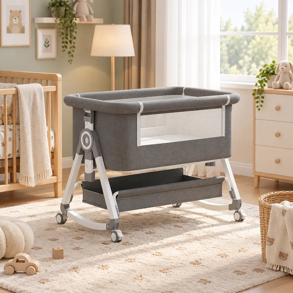 Lit Bébé 3-en-1 Réglable avec Matelas et Roulettes