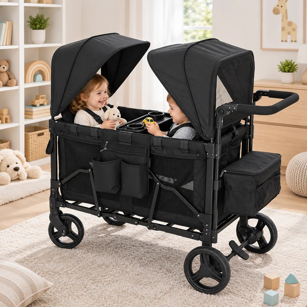 Poussette Chariot Double Pliable avec Auvents et Plateau