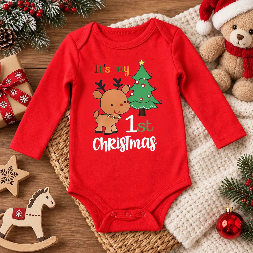 Body Bébé Premier Noël en Coton à Manches Longues – Motif Cerf