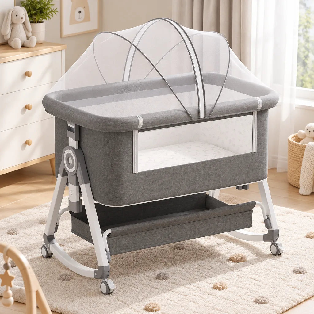 Lit Bébé 3-en-1 Réglable avec Matelas et Roulettes